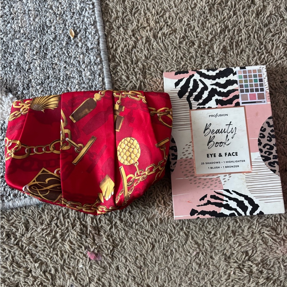 Red and Gold Chain Patterned Clutch and makeup